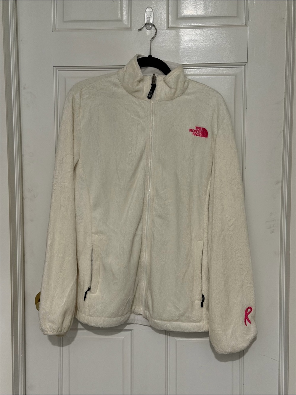 The North Face Cream Teddy Fleece Jacket with Pink Logo